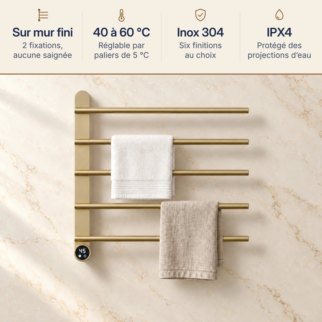Atouts du sèche-serviettes mural : pose sur mur fini, 40 à 60 °C, inox 304, IPX4