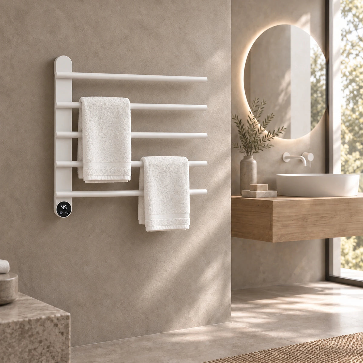 Sèche-serviettes électrique mural blanc mat sur un mur en béton ciré