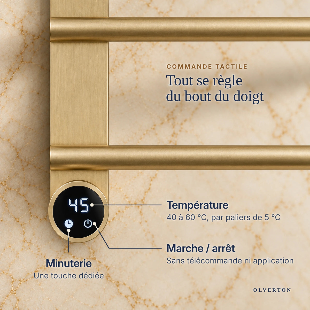 Commande tactile du sèche-serviettes mural : température, marche/arrêt et minuterie