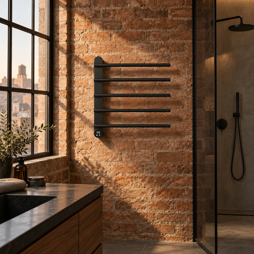 Sèche-serviettes mural GLÖD noir mat sur un mur de briques, salle de bain de loft