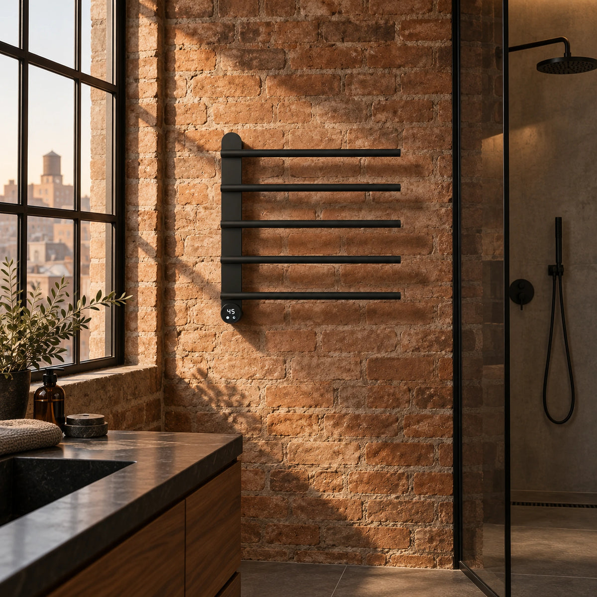 Sèche-serviettes mural GLÖD noir mat sur un mur de briques, salle de bain de loft