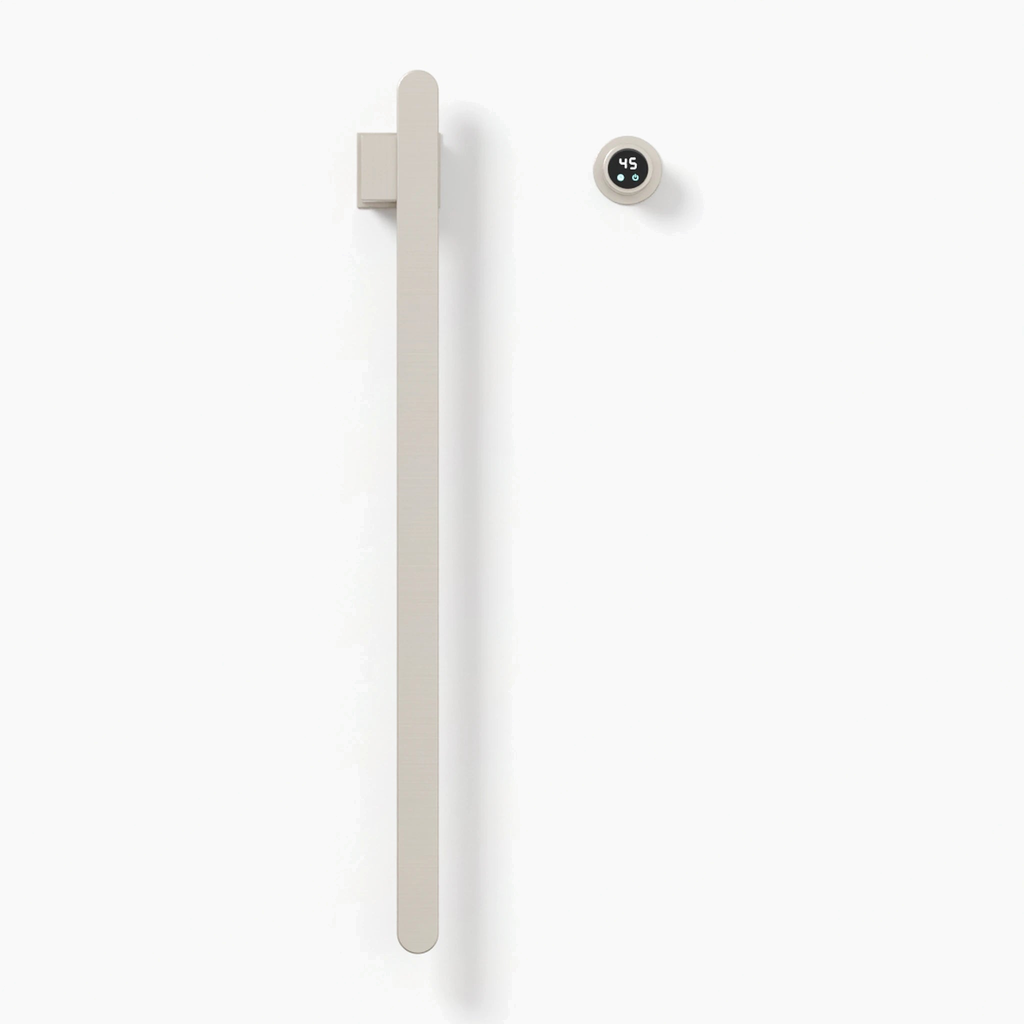 Sèche-serviettes à barres verticales STRÖM nickel brossé, 1 barre, vue de face sur fond blanc