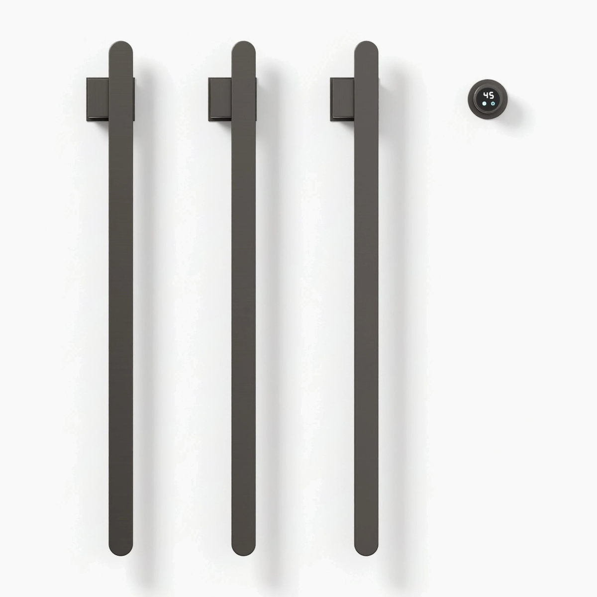 Sèche-serviettes à barres verticales STRÖM gris anthracite, 3 barres, vue de face sur fond blanc