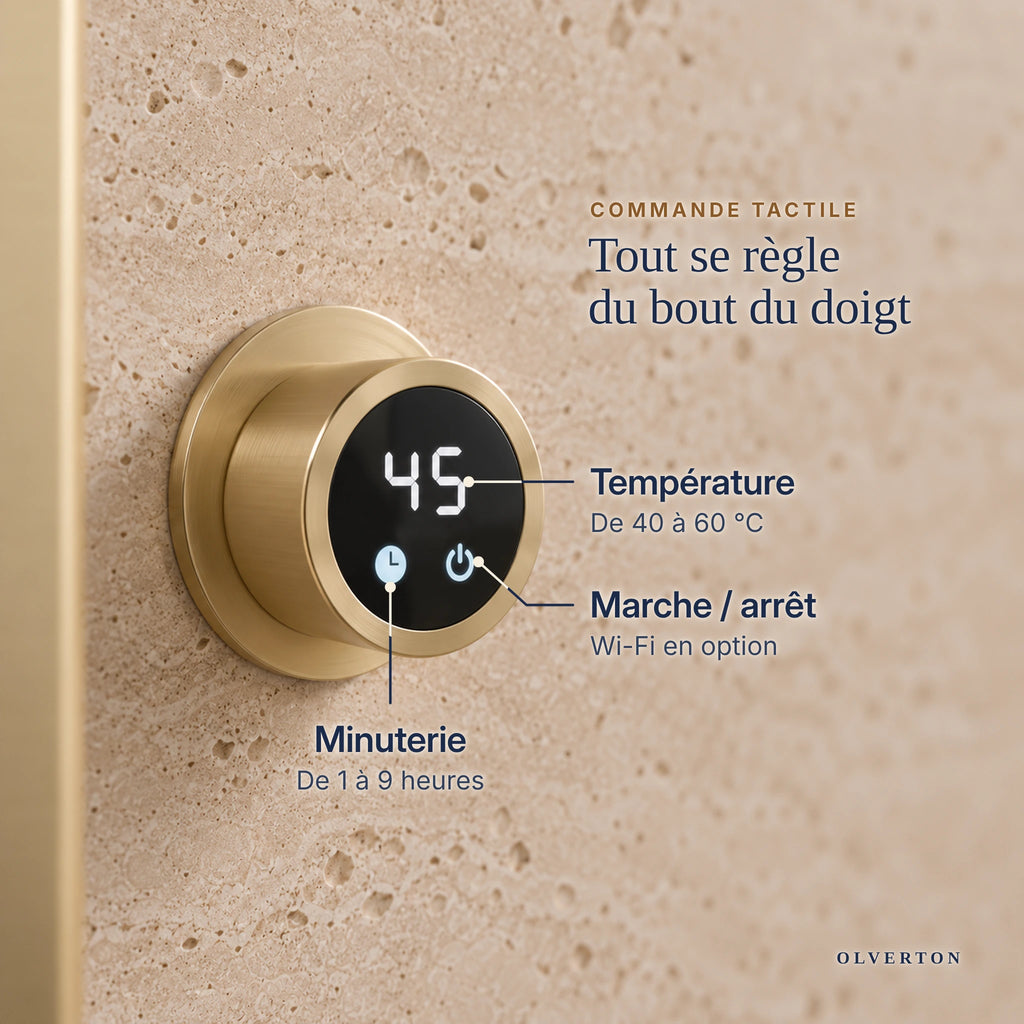 Commande tactile du sèche-serviettes STRÖM : température, marche / arrêt et minuterie
