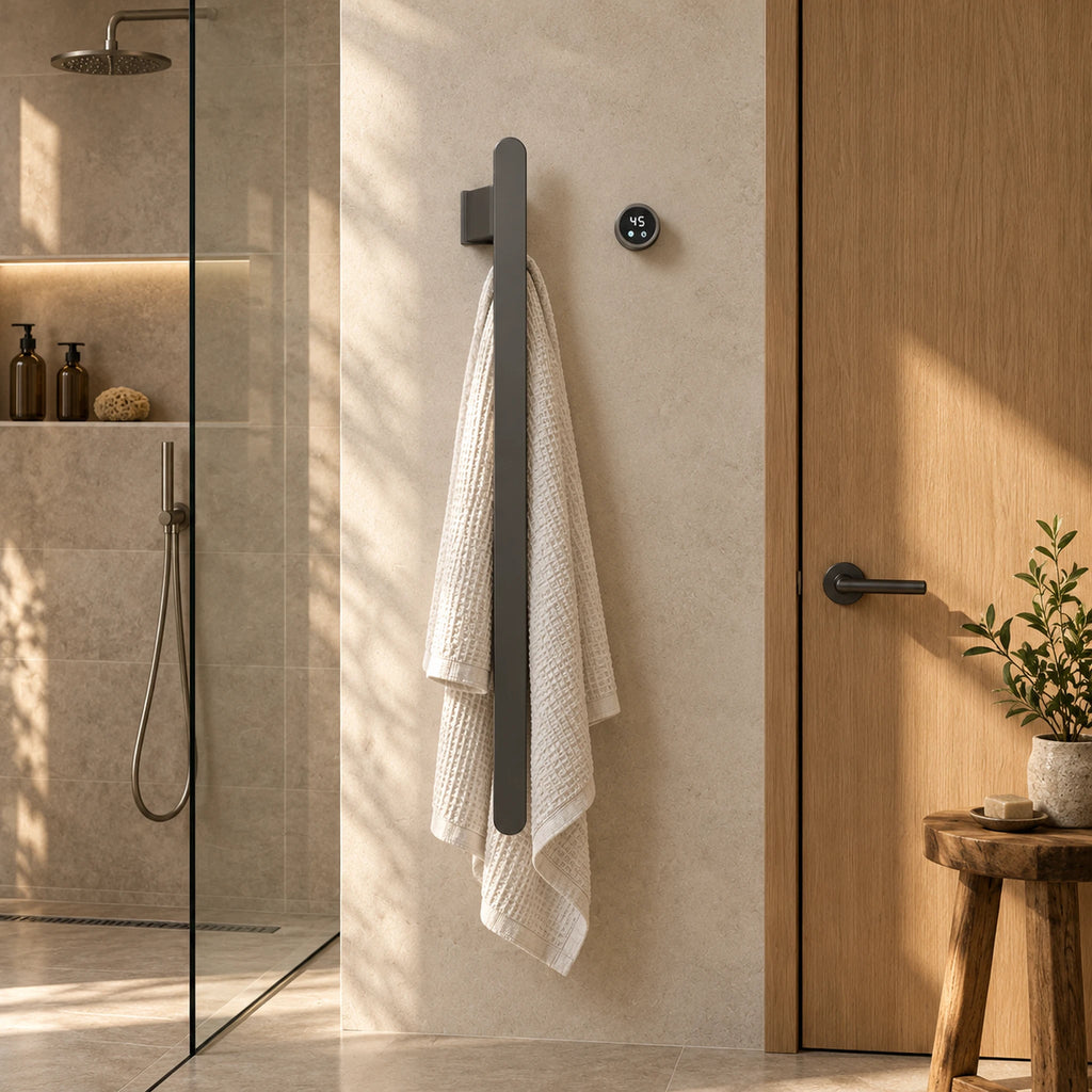 Sèche-serviettes à barres verticales STRÖM gris anthracite, 1 barre, dans une salle de bain