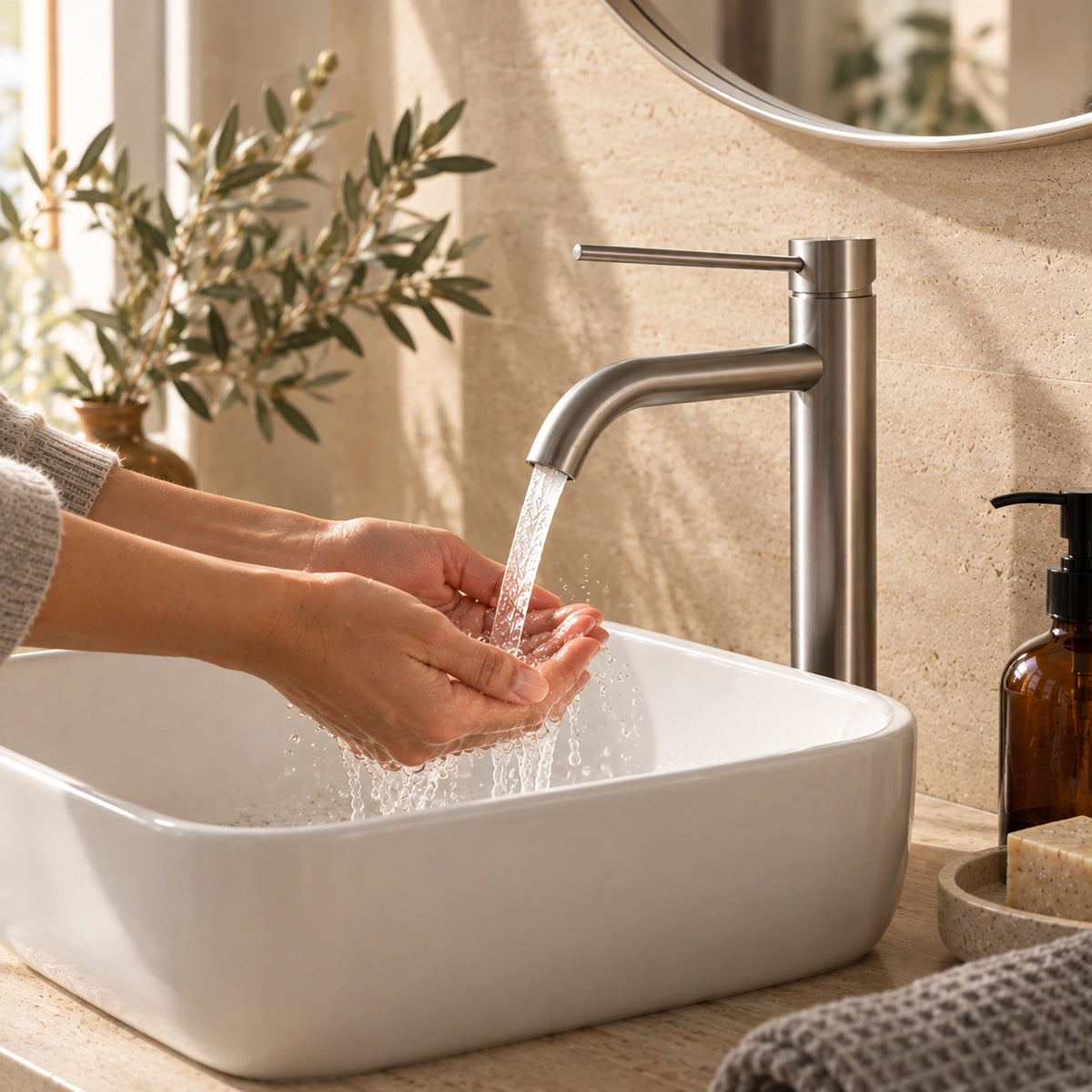 Lavage des mains sous le mitigeur haut TÅRN inox brossé #Inox brossé