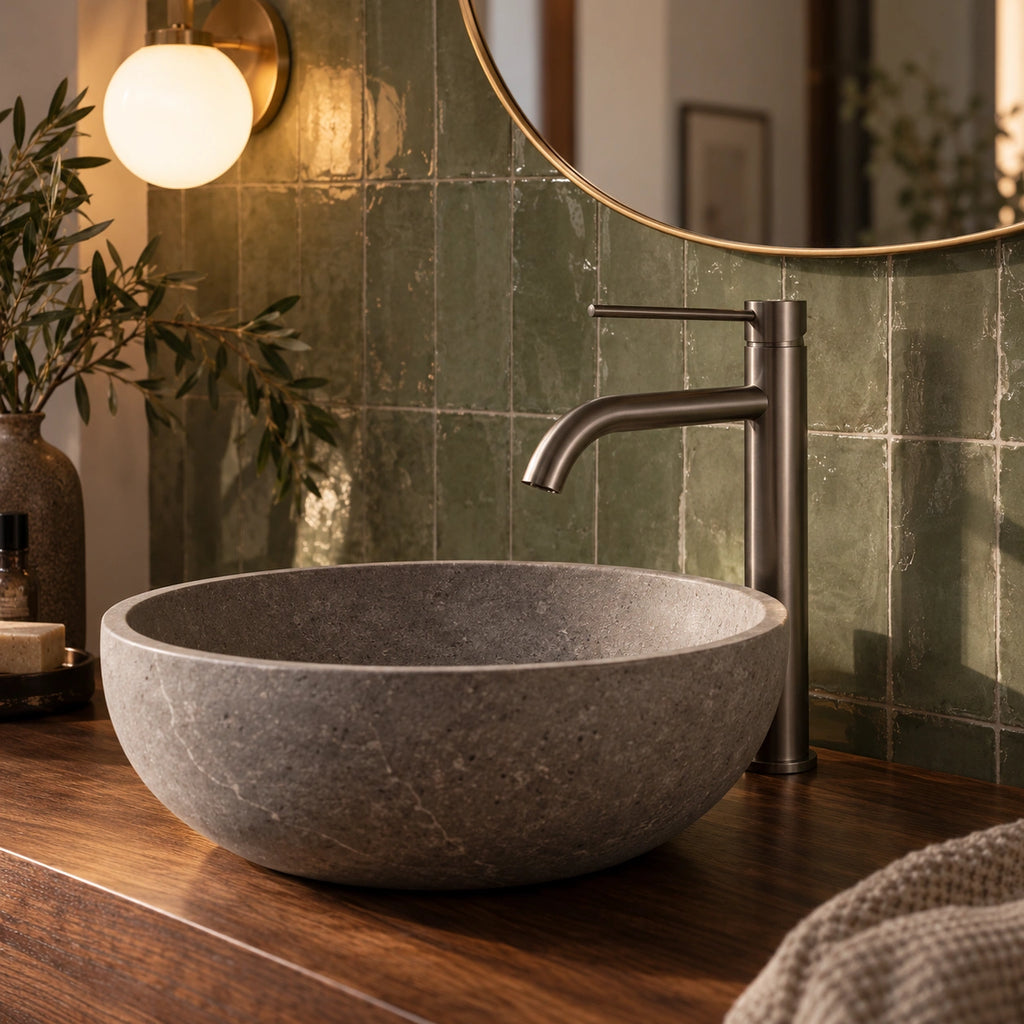 Mitigeur lavabo haut TÅRN gris brossé, vasque en pierre et zellige vert sauge #Gris brossé
