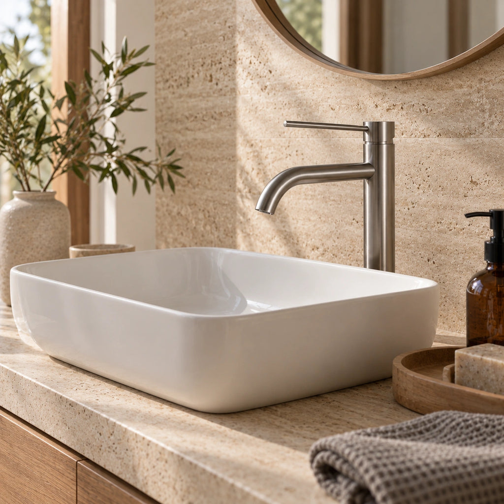 Mitigeur lavabo haut TÅRN inox brossé, vasque rectangulaire sur plan en travertin #Inox brossé