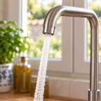 Gros plan du bec en inox brossé et de l’aérateur d’origine du mitigeur VIKÖ, avec un jet d’eau classique #Inox brossé