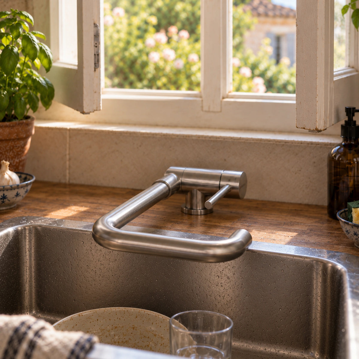 Close-up of the folded VIKÖ mixer tap, in the selected finish