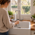 Une femme remplit une casserole avec le mitigeur rabattable VIKÖ en inox brossé, équipé de son aérateur d’origine #Inox brossé