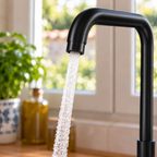 Gros plan du bec en finition noire et de l’aérateur d’origine du mitigeur VIKÖ, avec un jet d’eau classique #Noir