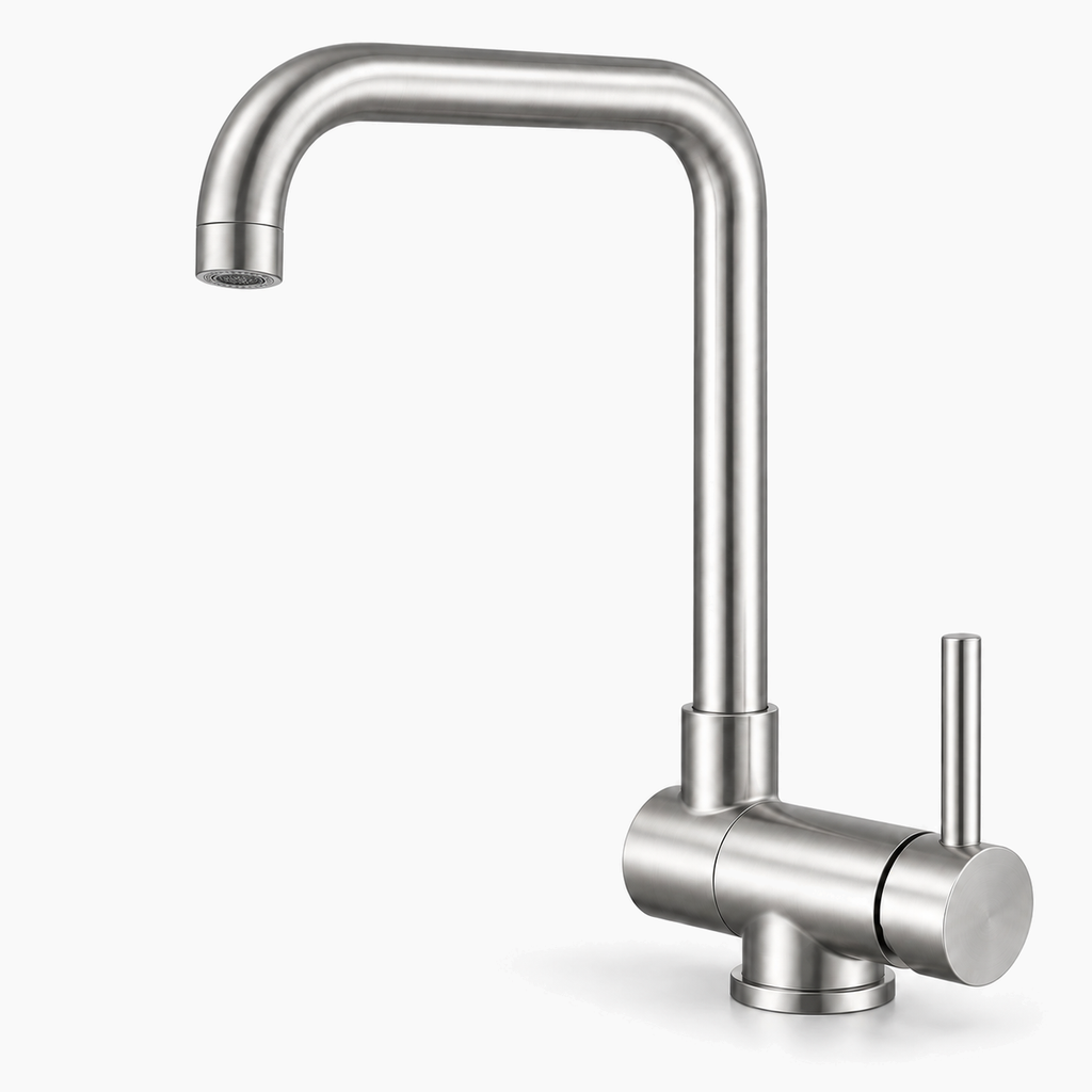 Mitigeur de cuisine rabattable VIKÖ en inox brossé, relevé, avec son aérateur d’origine #Inox brossé