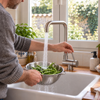 Main sur le levier du mitigeur VIKÖ en inox brossé, rinçage de haricots verts au jet classique #Inox brossé