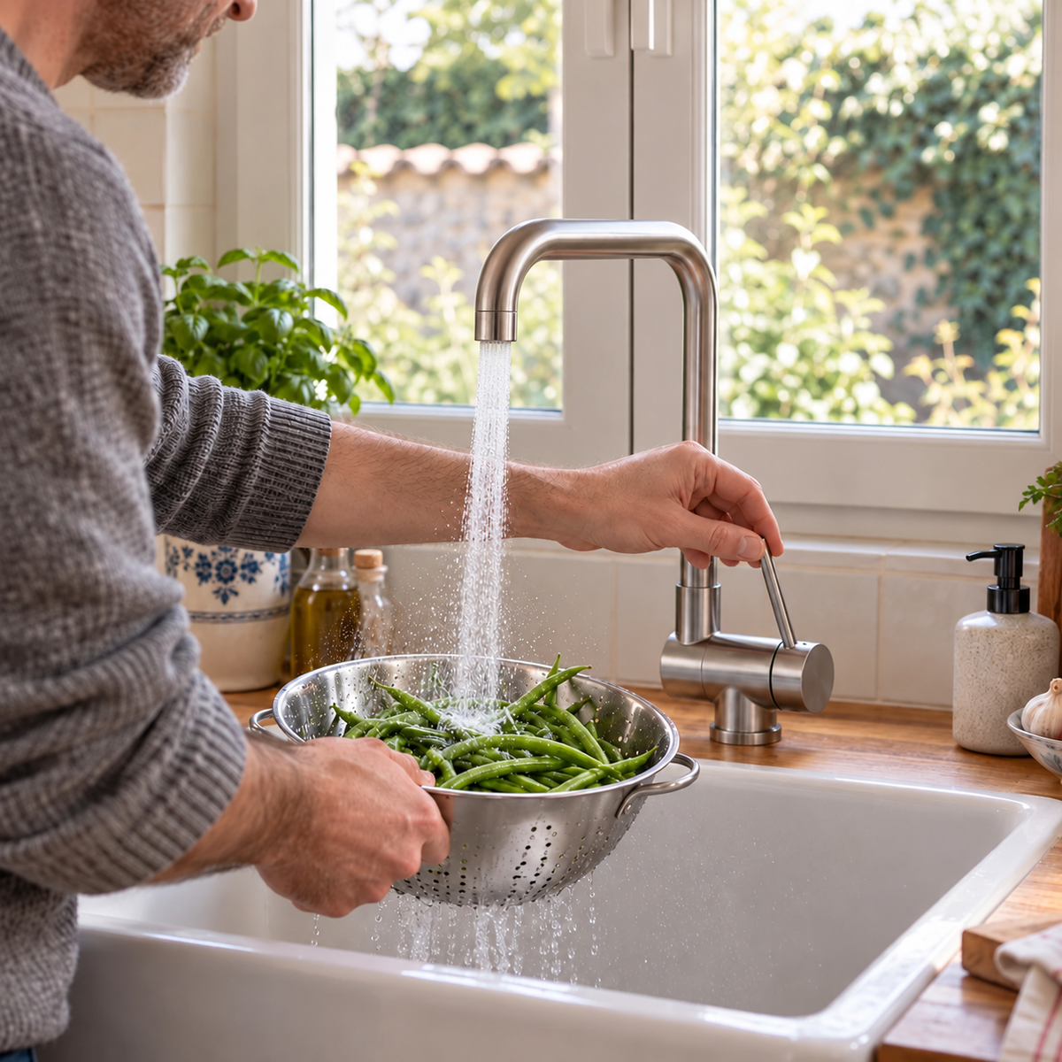 Main sur le levier du mitigeur VIKÖ en inox brossé, rinçage de haricots verts au jet classique #Inox brossé
